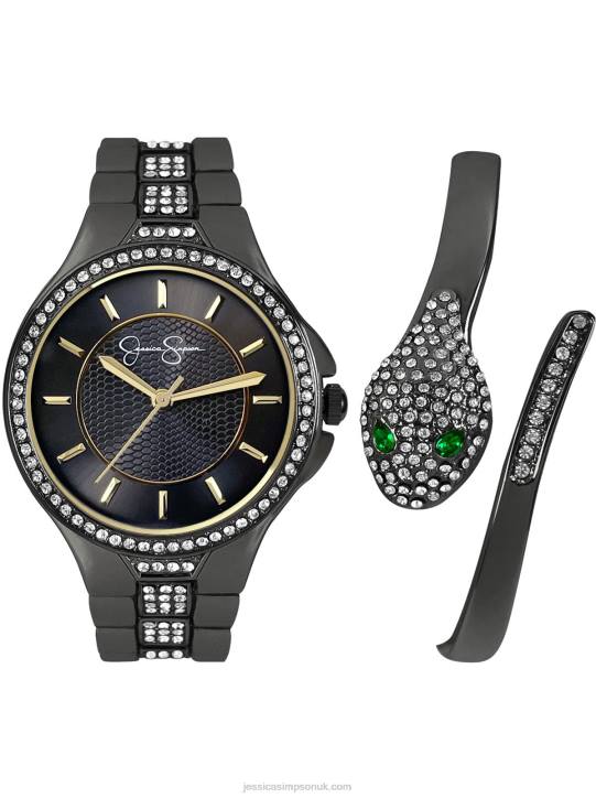 Gunmetal Crystal Watch & Snake Bracelet SetJessica Simpson 6JRJ934